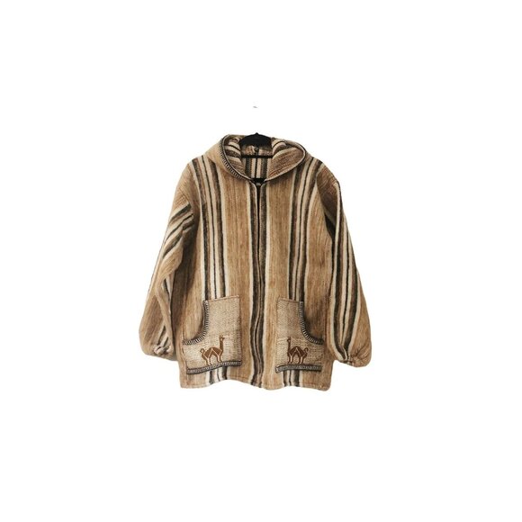 Original Poncho Llama Wool Brown Stripe Hooded Jacket Pom Poms Boho Size Large - Picture 1 of 8